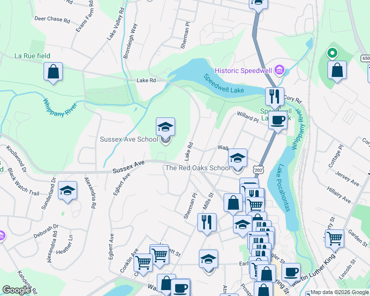 map of restaurants, bars, coffee shops, grocery stores, and more near 8 Lake Road in Morristown