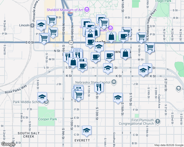 map of restaurants, bars, coffee shops, grocery stores, and more near 1235 K Street in Lincoln