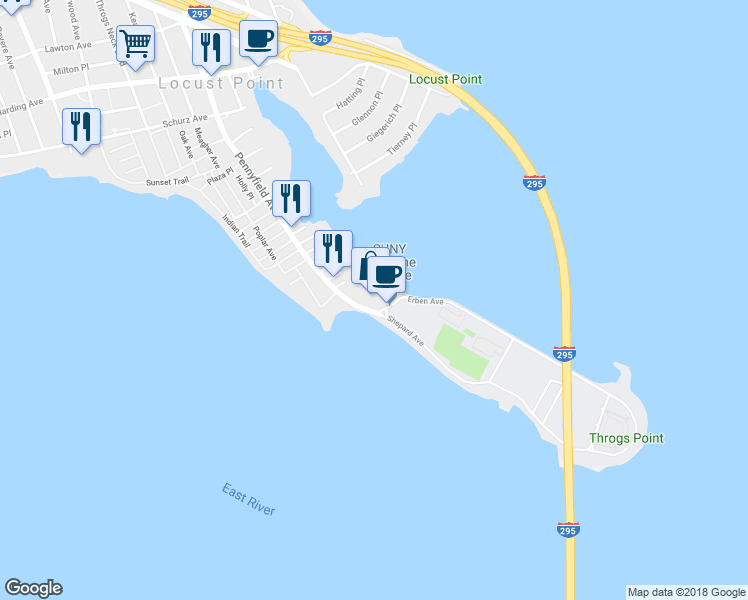 map of restaurants, bars, coffee shops, grocery stores, and more near 17 Pennyfield Avenue in The Bronx