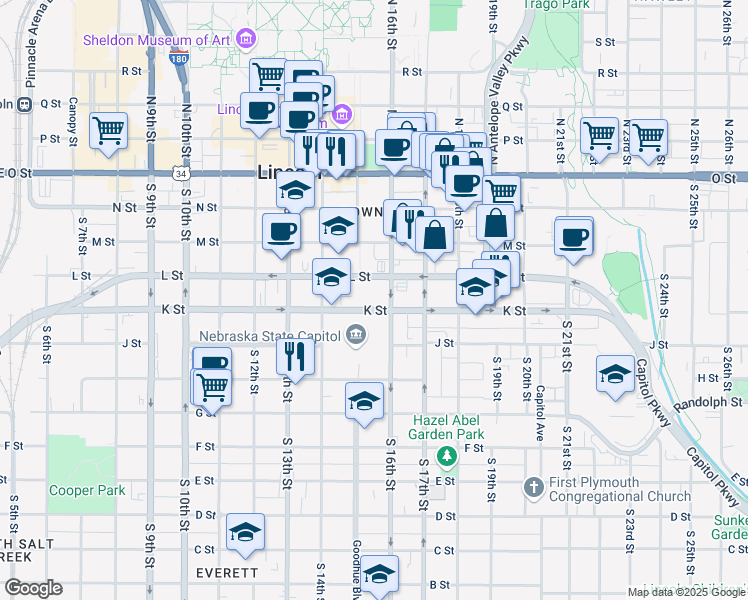 map of restaurants, bars, coffee shops, grocery stores, and more near 1526 K Street in Lincoln