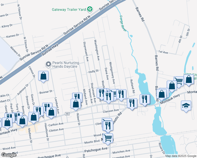 map of restaurants, bars, coffee shops, grocery stores, and more near 38 Broadway in Mastic