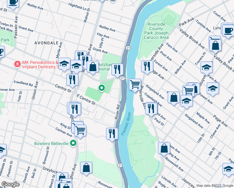 map of restaurants, bars, coffee shops, grocery stores, and more near 107 River Road in Nutley