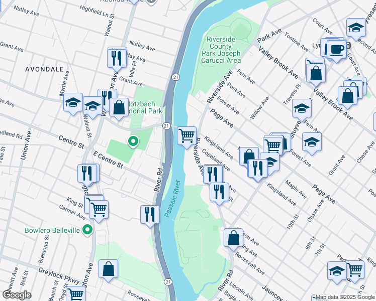 map of restaurants, bars, coffee shops, grocery stores, and more near 601 Riverside Avenue in Lyndhurst