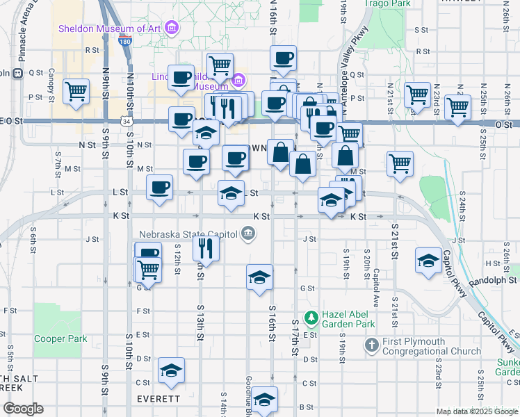 map of restaurants, bars, coffee shops, grocery stores, and more near 1526 K Street in Lincoln