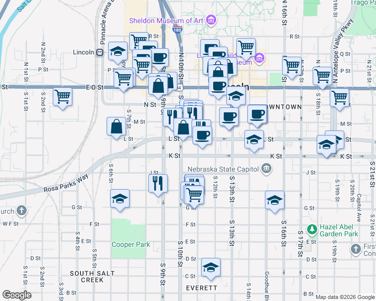 map of restaurants, bars, coffee shops, grocery stores, and more near 504 N 10th St in Lincoln