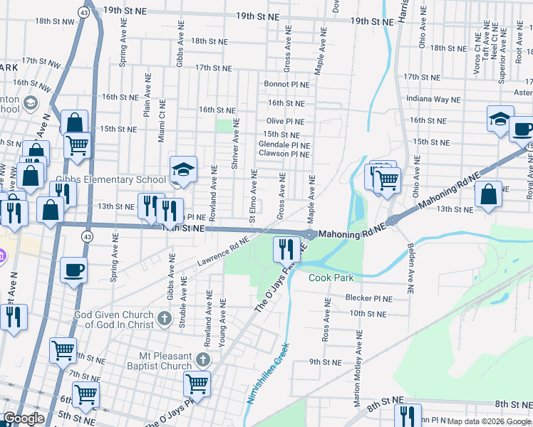map of restaurants, bars, coffee shops, grocery stores, and more near 1215 Gross Avenue Northeast in Canton