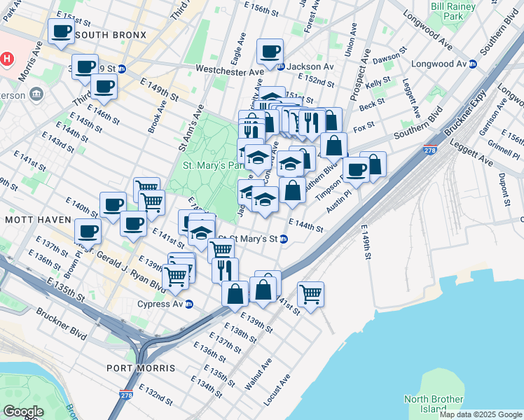 map of restaurants, bars, coffee shops, grocery stores, and more near 390 Concord Avenue in Bronx