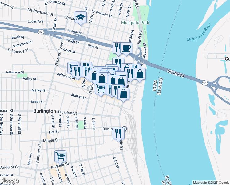map of restaurants, bars, coffee shops, grocery stores, and more near 211 North 3rd Street in Burlington