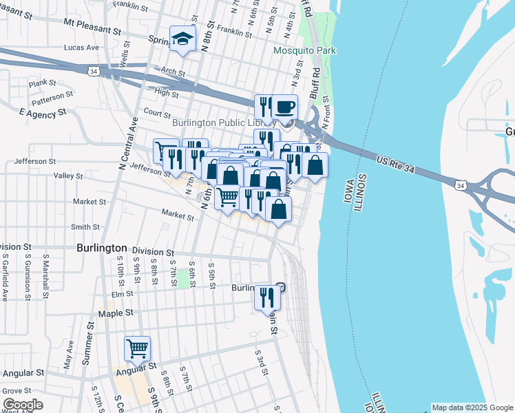 map of restaurants, bars, coffee shops, grocery stores, and more near 211 North 3rd Street in Burlington