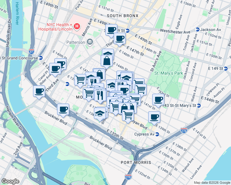map of restaurants, bars, coffee shops, grocery stores, and more near 468 East 140th Street in The Bronx
