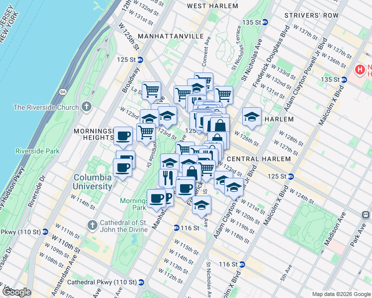 map of restaurants, bars, coffee shops, grocery stores, and more near 342 West 122nd Street in New York