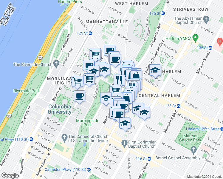 map of restaurants, bars, coffee shops, grocery stores, and more near 342 West 122nd Street in New York