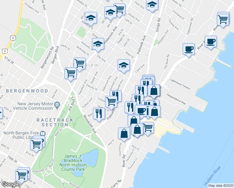 map of restaurants, bars, coffee shops, grocery stores, and more near 210 Desoto Place in Cliffside Park