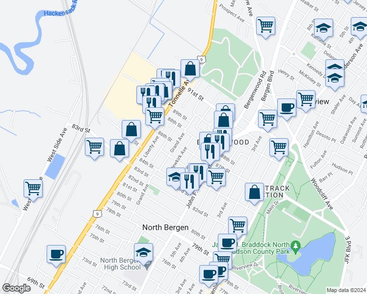 map of restaurants, bars, coffee shops, grocery stores, and more near 1303 86th Street in North Bergen
