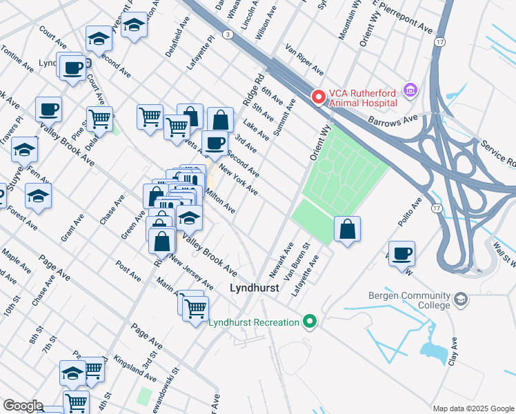 map of restaurants, bars, coffee shops, grocery stores, and more near 224 Mountain Way in Lyndhurst