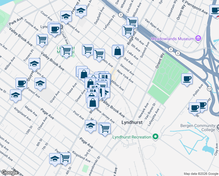 map of restaurants, bars, coffee shops, grocery stores, and more near 633 Freeman Street in Lyndhurst