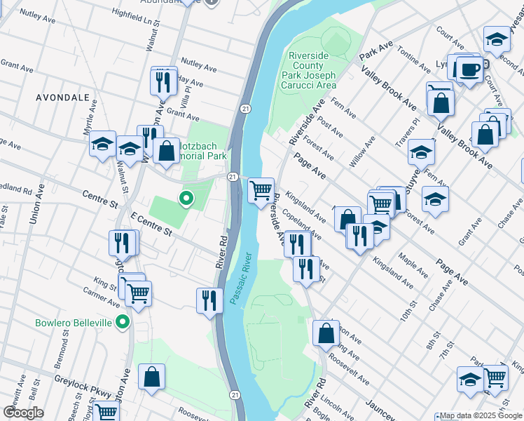 map of restaurants, bars, coffee shops, grocery stores, and more near 601 Riverside Avenue in Lyndhurst