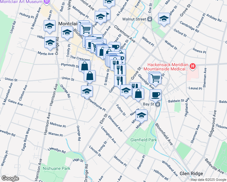 map of restaurants, bars, coffee shops, grocery stores, and more near 30 Gates Avenue in Montclair