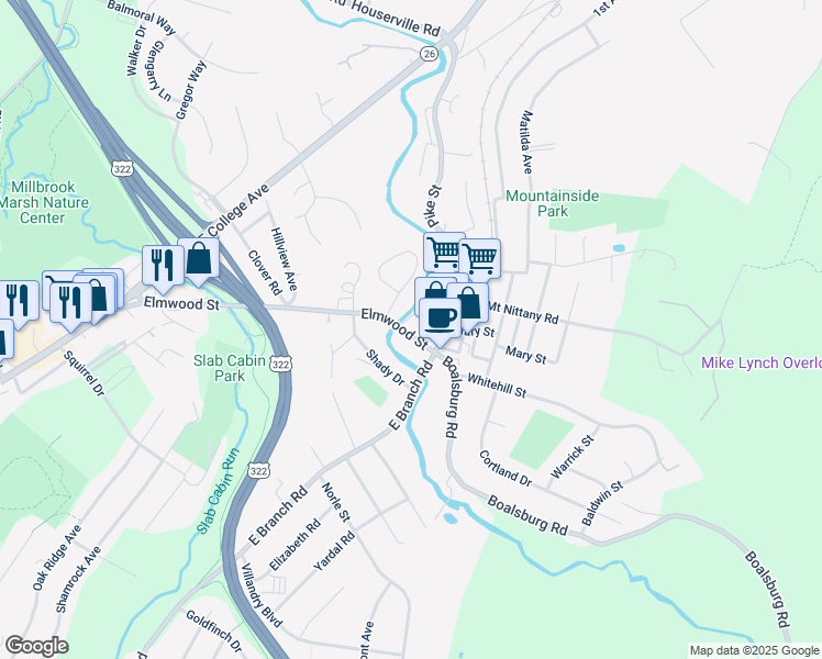 map of restaurants, bars, coffee shops, grocery stores, and more near 830 Elmwood Street in State College