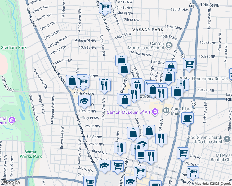 map of restaurants, bars, coffee shops, grocery stores, and more near 700 12th Street Northwest in Canton