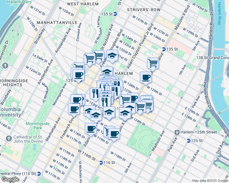 map of restaurants, bars, coffee shops, grocery stores, and more near Adam Clayton Powell Jr Blvd & W 126th St in New York