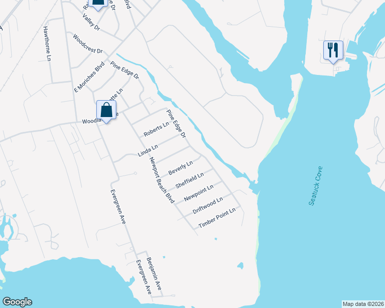 map of restaurants, bars, coffee shops, grocery stores, and more near 16 Beverly Lane in East Moriches