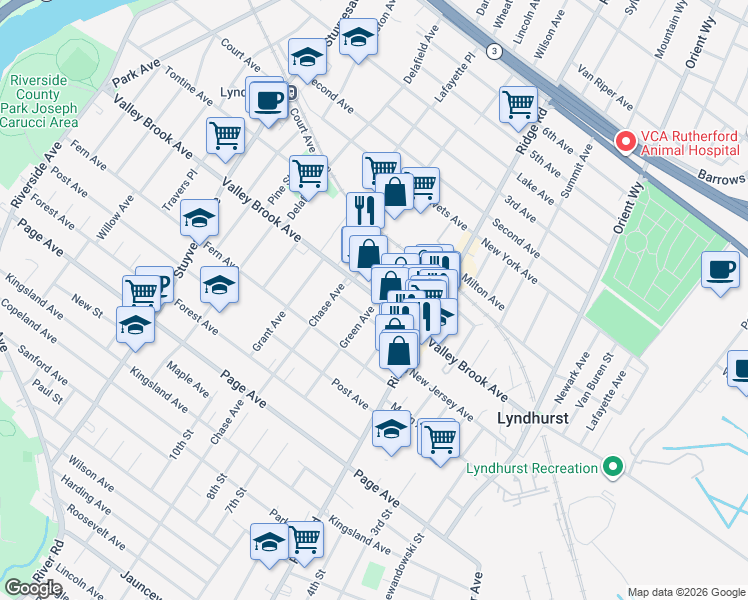 map of restaurants, bars, coffee shops, grocery stores, and more near 320 Green Avenue in Lyndhurst