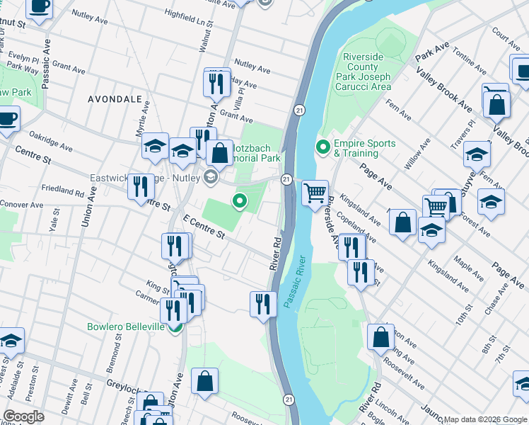 map of restaurants, bars, coffee shops, grocery stores, and more near 103 River Road in Nutley