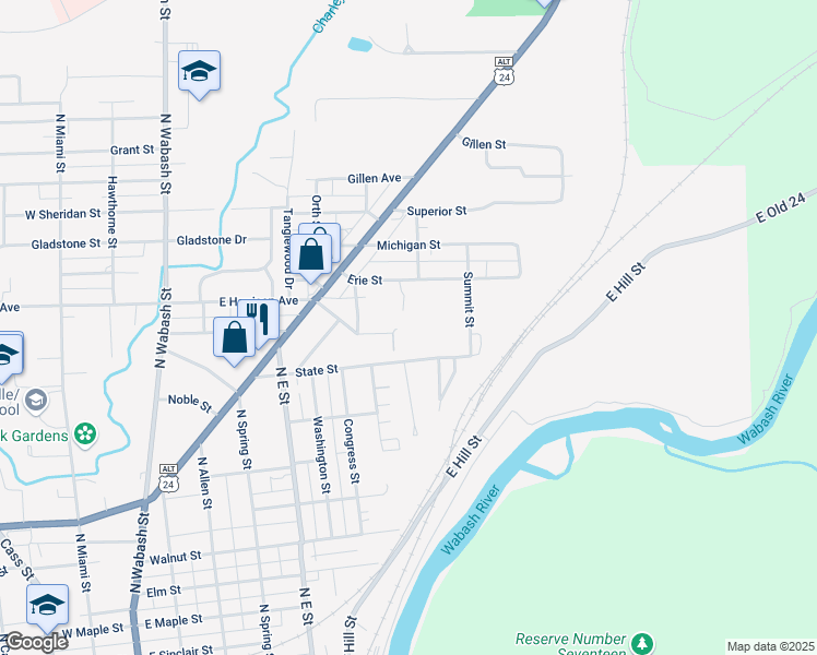map of restaurants, bars, coffee shops, grocery stores, and more near 885 Clark Street in Wabash
