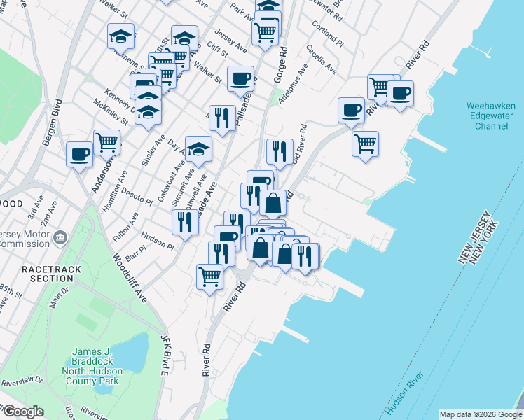 map of restaurants, bars, coffee shops, grocery stores, and more near 1011 Hudson Park in Edgewater