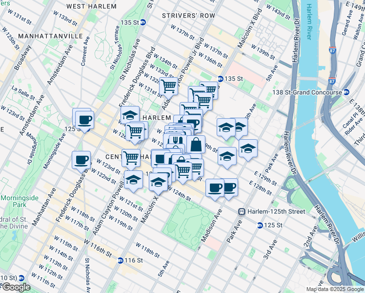 map of restaurants, bars, coffee shops, grocery stores, and more near Malcolm X Boulevard in New York