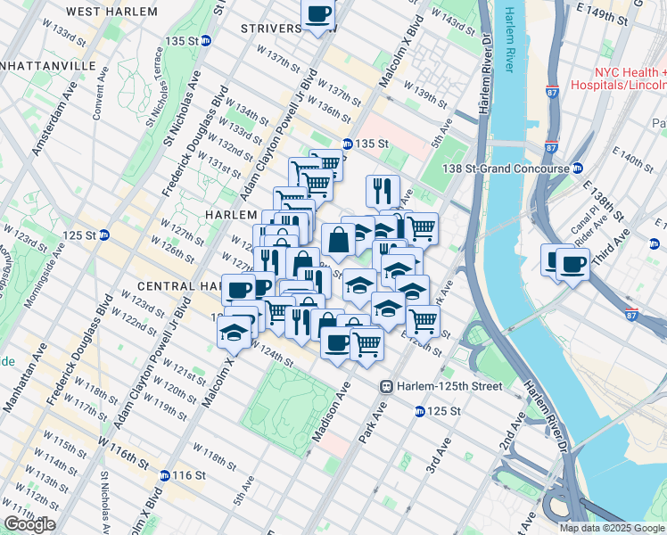 map of restaurants, bars, coffee shops, grocery stores, and more near 23 West 129th Street in New York