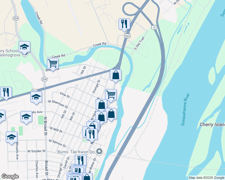 map of restaurants, bars, coffee shops, grocery stores, and more near 998 North Market Street in Selinsgrove