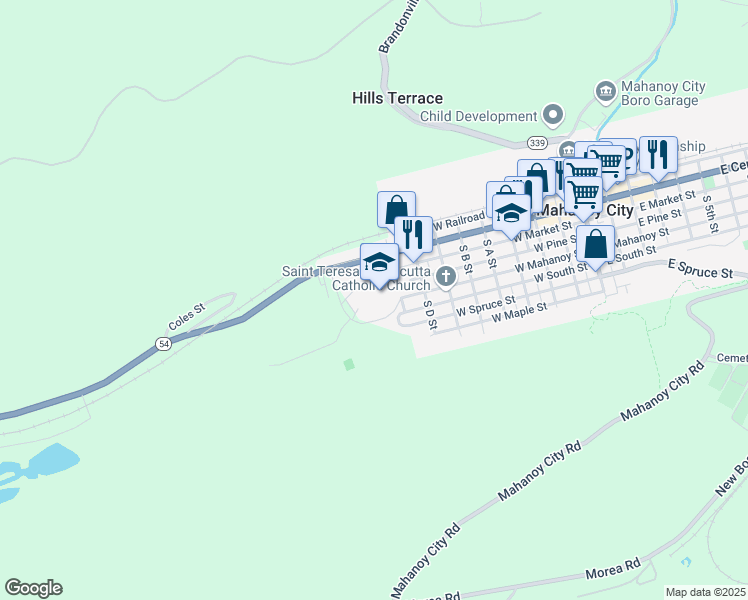 map of restaurants, bars, coffee shops, grocery stores, and more near 1 Golden Bear Drive in Mahanoy City