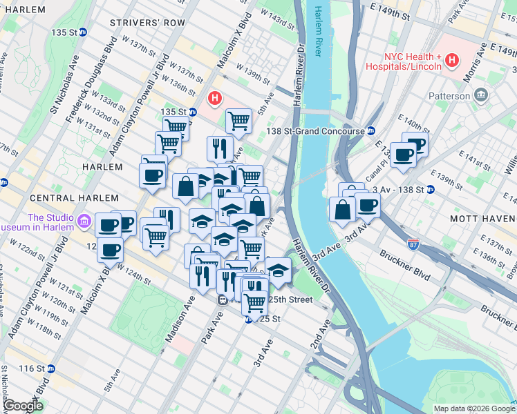 map of restaurants, bars, coffee shops, grocery stores, and more near 1920 Park Avenue in New York