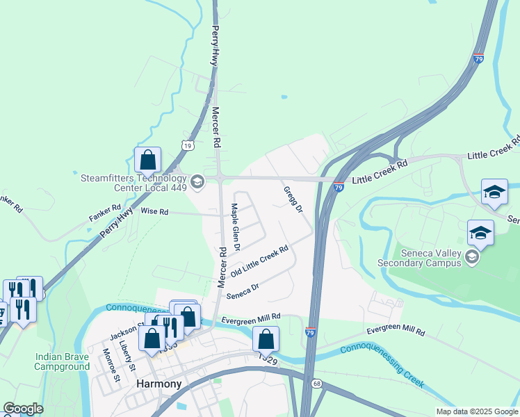 map of restaurants, bars, coffee shops, grocery stores, and more near 131 Maple Glen Drive in Harmony