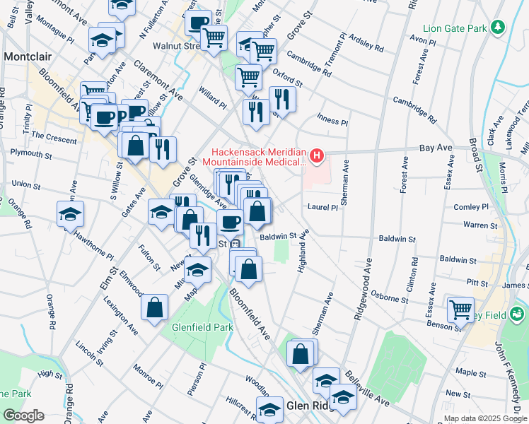 map of restaurants, bars, coffee shops, grocery stores, and more near 80 Bay Street in Montclair