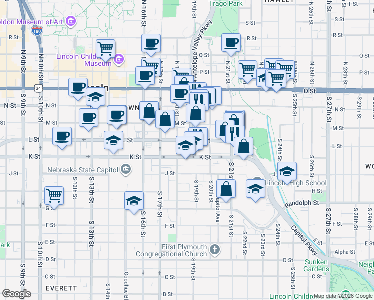 map of restaurants, bars, coffee shops, grocery stores, and more near 1810 K Street in Lincoln