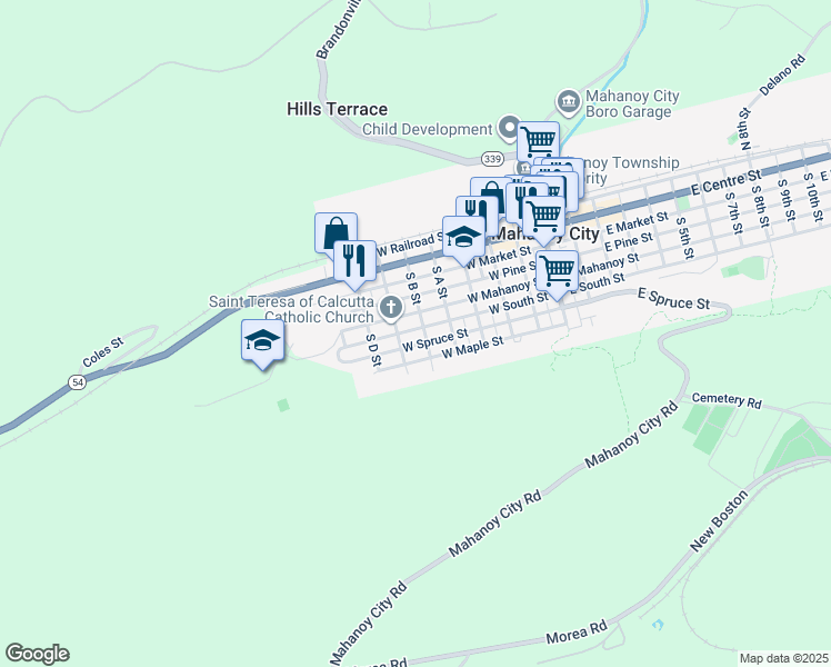 map of restaurants, bars, coffee shops, grocery stores, and more near 512 West South Street in Mahanoy City