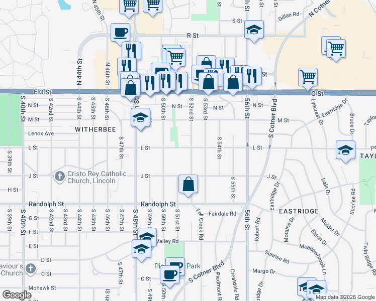 map of restaurants, bars, coffee shops, grocery stores, and more near 5141 L Street in Lincoln