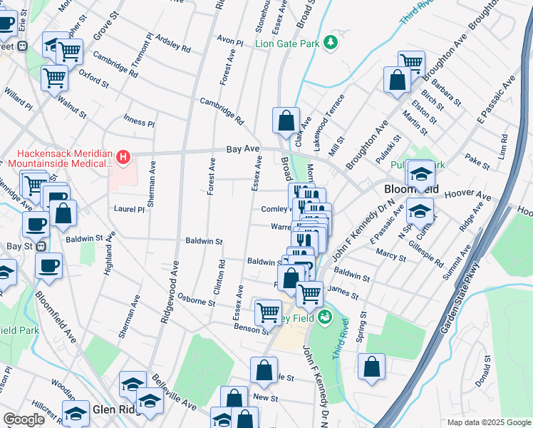 map of restaurants, bars, coffee shops, grocery stores, and more near 48 Warren Street in Bloomfield