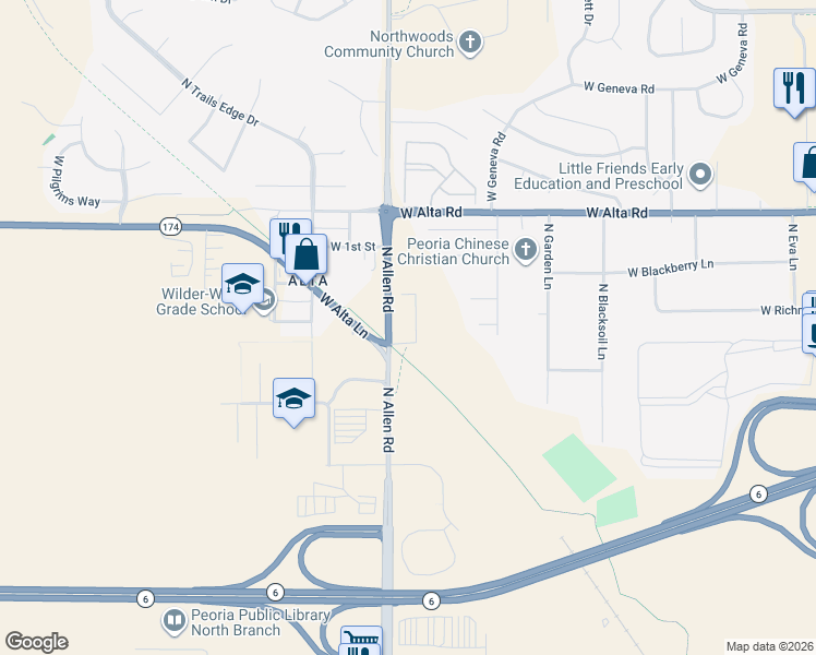 map of restaurants, bars, coffee shops, grocery stores, and more near 10007 Brompton Court in Peoria