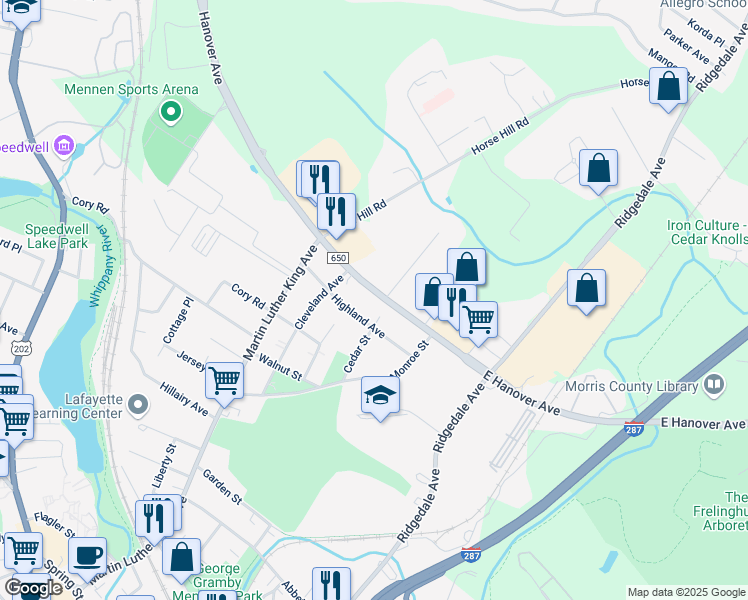 map of restaurants, bars, coffee shops, grocery stores, and more near 237 East Hanover Avenue in Morristown