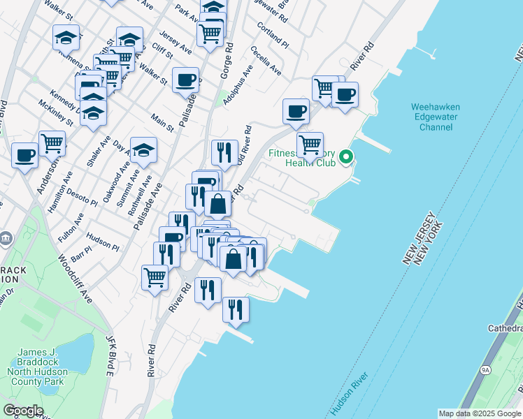 map of restaurants, bars, coffee shops, grocery stores, and more near 351 River Road in Edgewater