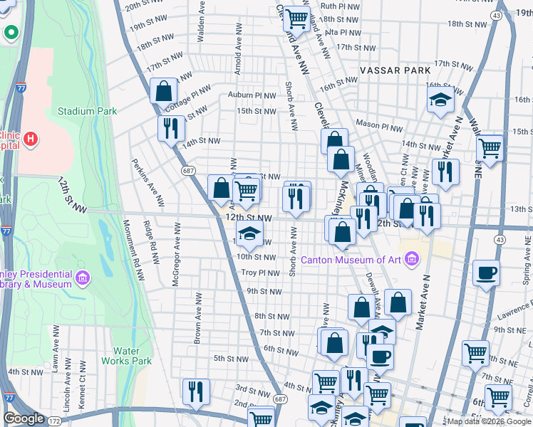 map of restaurants, bars, coffee shops, grocery stores, and more near 1009 12th Street Northwest in Canton