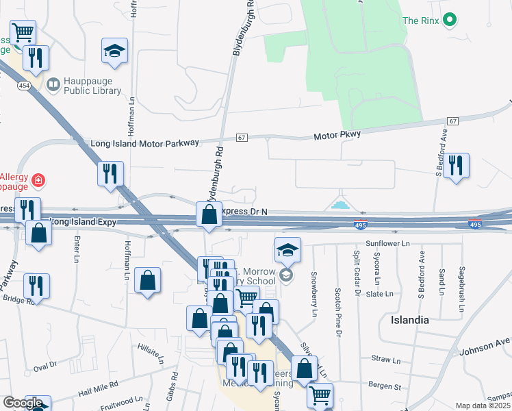 map of restaurants, bars, coffee shops, grocery stores, and more near 702 Town House Village in Hauppauge