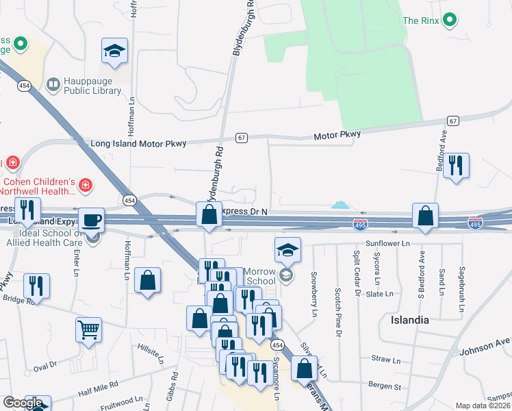 map of restaurants, bars, coffee shops, grocery stores, and more near 701 Town House Village in Islandia