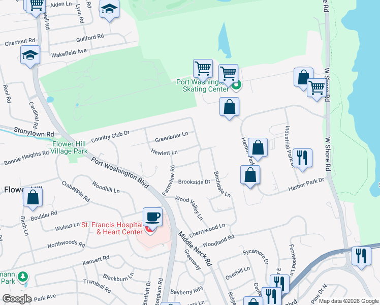 map of restaurants, bars, coffee shops, grocery stores, and more near 117 Country Club Drive in Port Washington