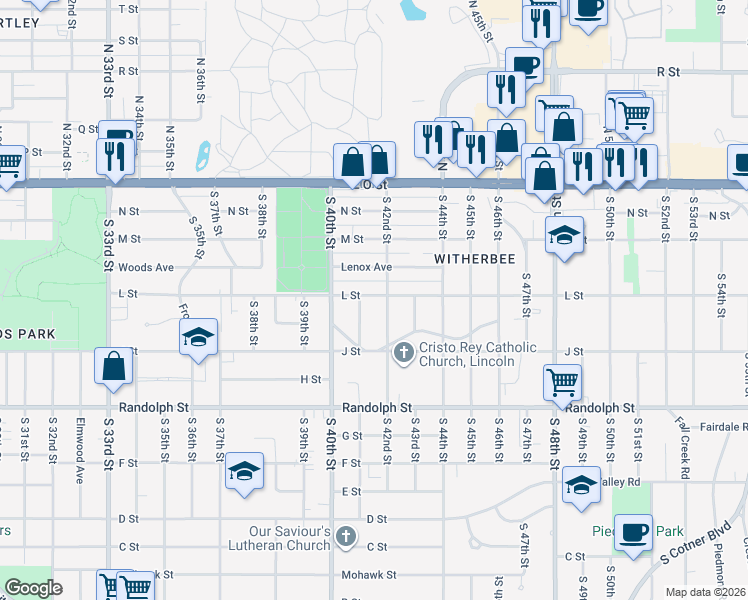 map of restaurants, bars, coffee shops, grocery stores, and more near 443 South 42nd Street in Lincoln