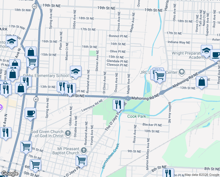 map of restaurants, bars, coffee shops, grocery stores, and more near 1215 Gross Avenue Northeast in Canton